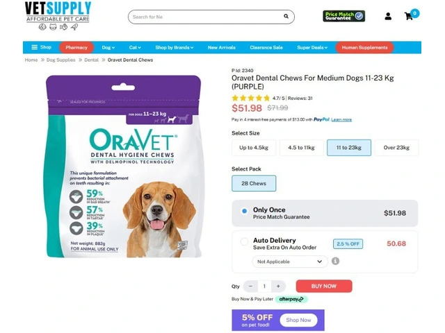 Oravet Dental Chews For Medium Dogs 11-23 Kg (Purple) 28 Chews | VetSupply Australia photo 1