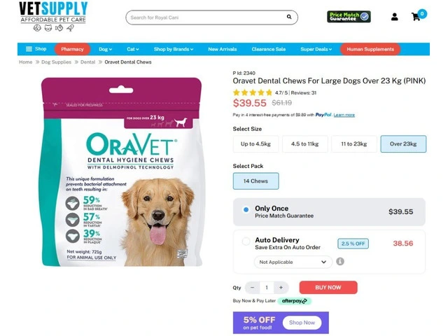 Oravet Dental Chews For Large Dogs Over 23 Kg (Pink) 14 Chews | VetSupply Australia photo 1