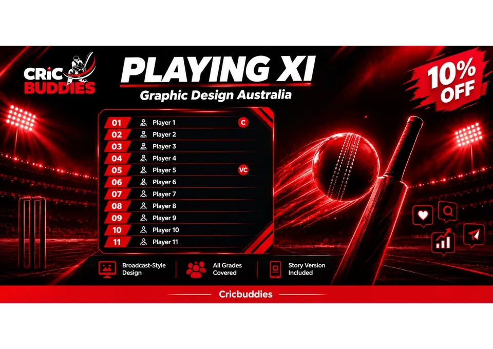Playing XI Graphic Design Australia | 10% Off Cricket Line-Up Graphics | Cricbuddies photo 1