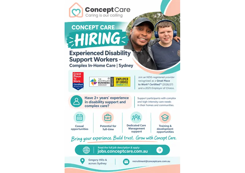 Concept Care Hiring: Experienced Disability Support Workers – Complex In-Home Care, Sydney photo 1